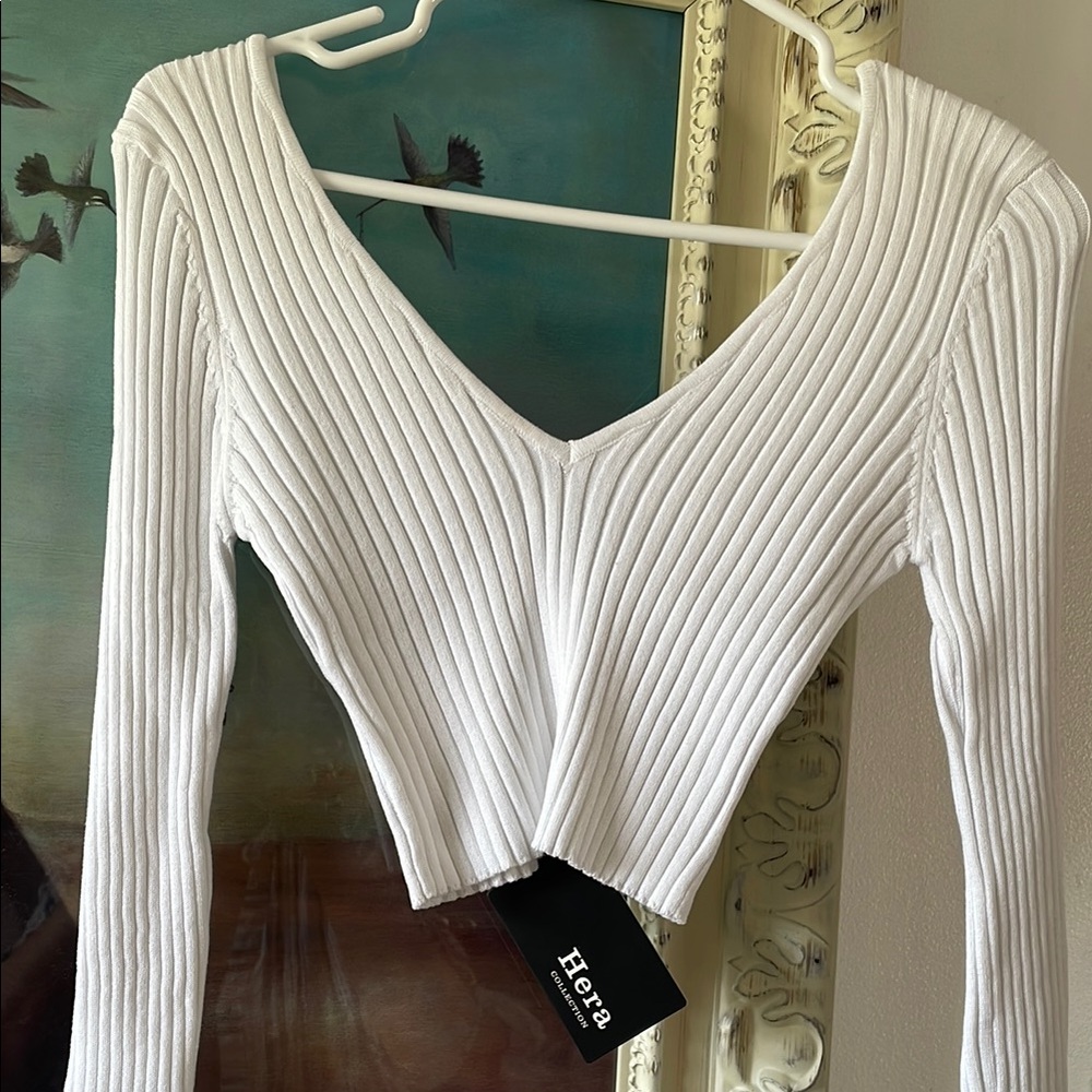 HERA Collection White Ribbed Long Sleeve Crop Blouse